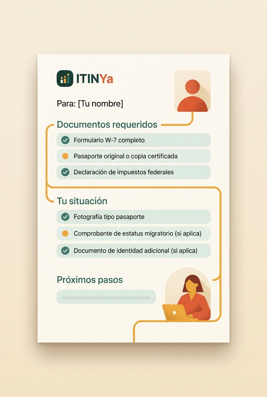 Vista del checklist personalizado del Formulario W-7 que recibes: documentos requeridos con su estado (listo o pendiente) y los próximos pasos.